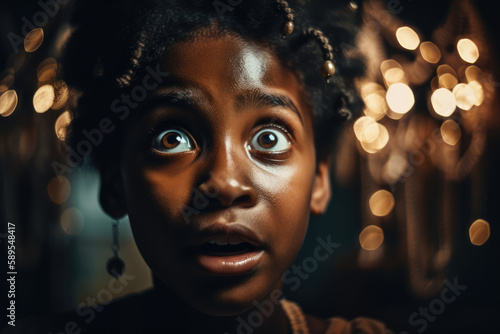 Surprised, astonished, stunned,  shocked, startled or amazed face expression of a young black female girl, generative ai photo