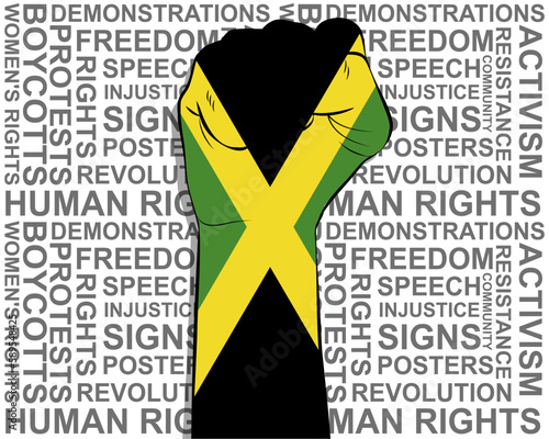 Raised fist on Jamaica flag, political news banner, victory or win concept, freedom symbol