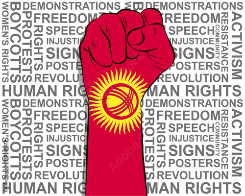 Raised fist on Kyrgyzstan flag, political news banner, victory or win concept, freedom symbol