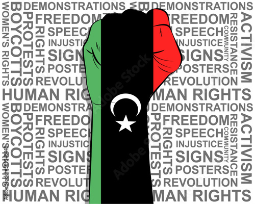 Raised fist on Libya flag, political news banner, victory or win concept, freedom symbol