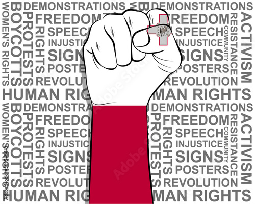 Raised fist on Malta flag, political news banner, victory or win concept, freedom symbol