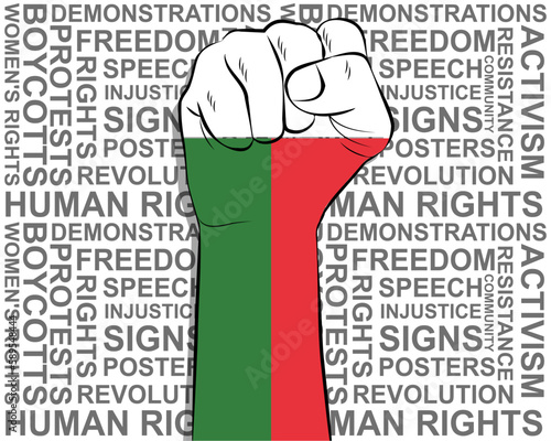 Raised fist on Madagascar flag, political news banner, victory or win concept, freedom symbol