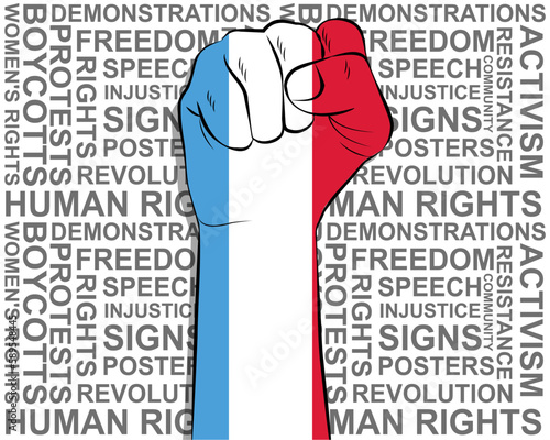 Raised fist on Luxembourg flag, political news banner, victory or win concept, freedom symbol