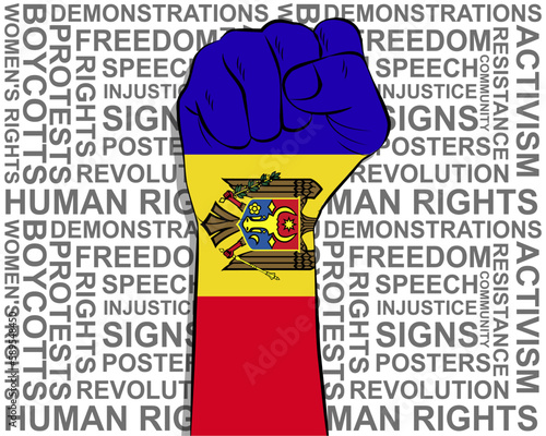 Raised fist on Moldova flag, political news banner, victory or win concept, freedom symbol