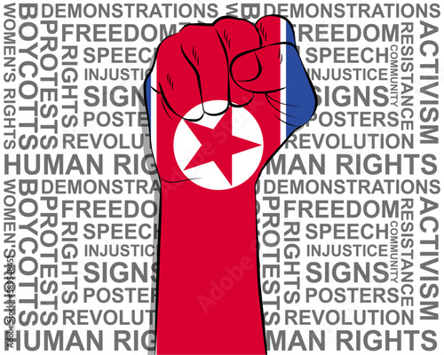 Raised fist on North Korea flag, political news banner, victory or win concept, freedom symbol