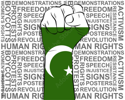 Raised fist on Pakistan flag, political news banner, victory or win concept, freedom symbol