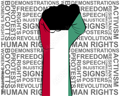 Raised fist on Kuwait flag, political news banner, victory or win concept, freedom symbol