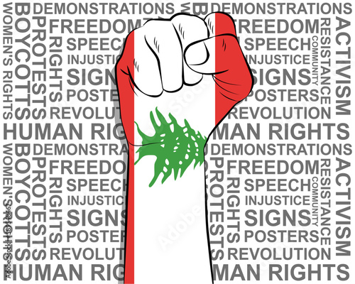 Raised fist on Lebanon flag, political news banner, victory or win concept, freedom symbol