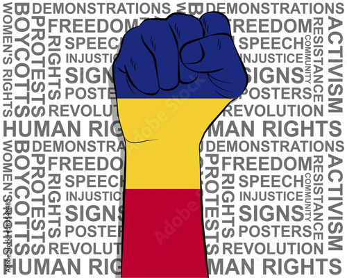 Raised fist on Romania flag, political news banner, victory or win concept, freedom symbol