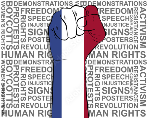 Raised fist on Netherlands flag, political news banner, victory or win concept, freedom symbol