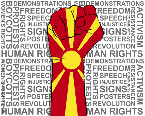 Raised fist on Macedonia flag, political news banner, victory or win concept, freedom symbol