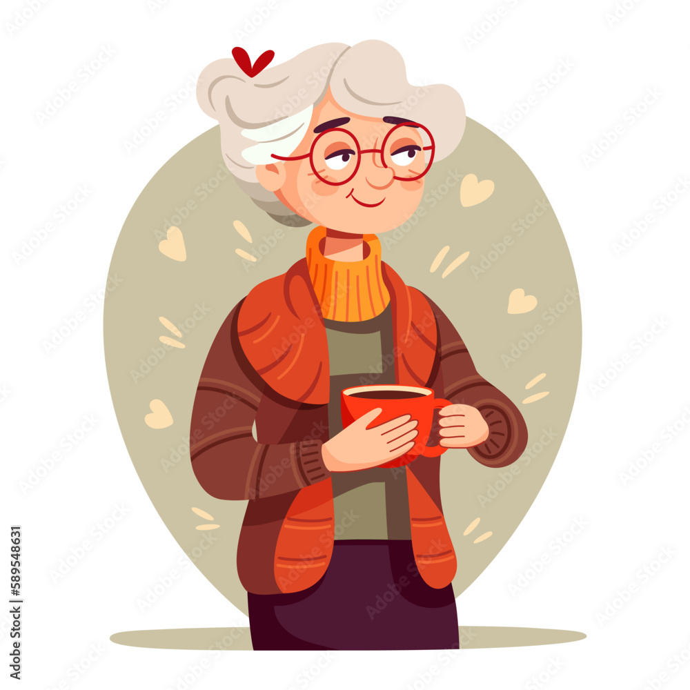 Cute elderly woman holding a cup of tea or coffee