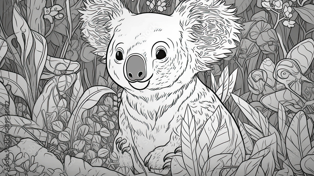 Beautiful Koala Coloring Page for Adults and kids, Generative AI Stock ...