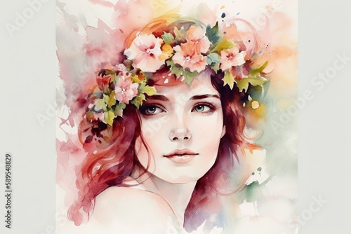 Portrait of an attractive woman with a wreath of flowers in her hair. The image of spring and youth. AI generated
