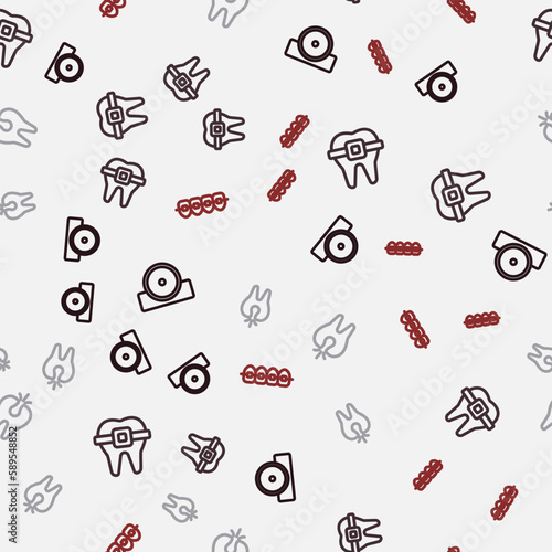Set line Otolaryngological head reflector, Teeth with braces, Broken tooth and on seamless pattern. Vector