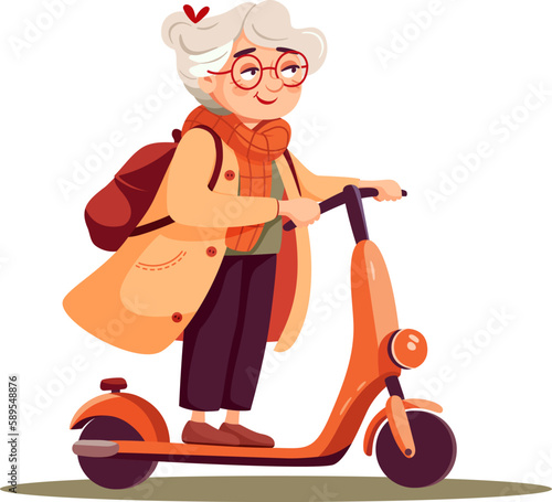 Cute elderly woman rides an electric scooter