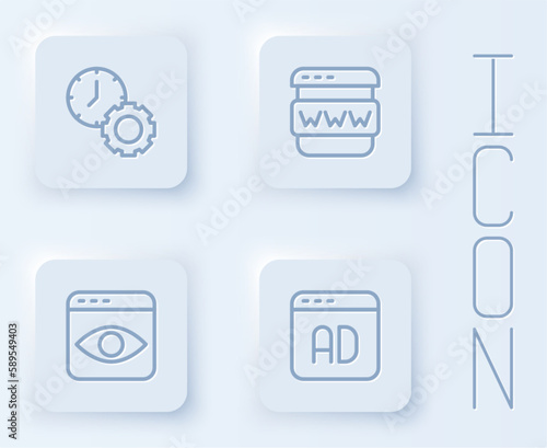 Set line Time management, Browser window, Personal information collection and Advertising. White square button. Vector