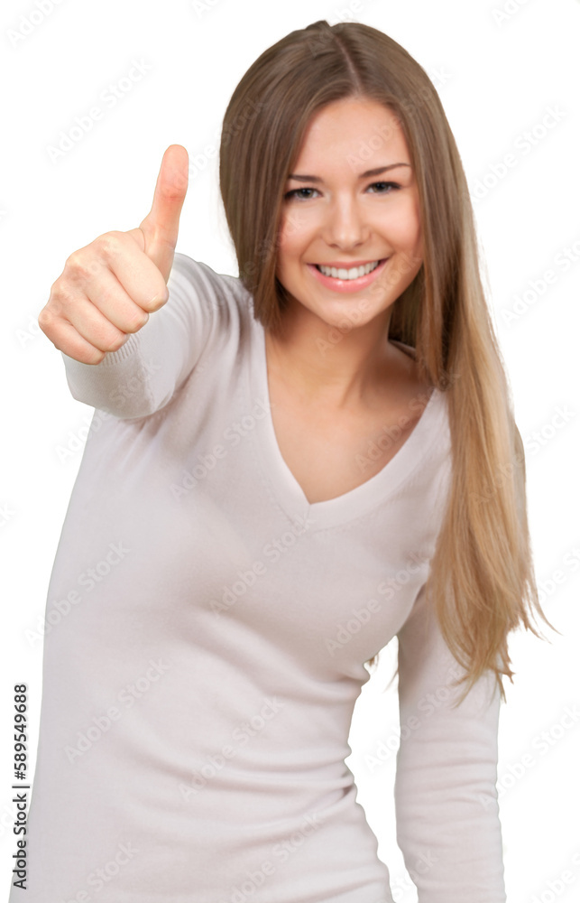 Happy woman showing thumb up isolated on white background Happy woman showing thumb up isolated on white background