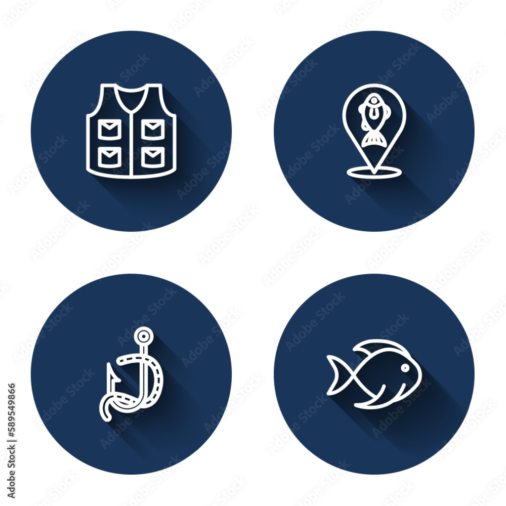 Set line Fishing jacket, Location fishing, hook and worm and with long shadow. Blue circle button. Vector Set line Fishing jacket, Location fishing, hook and worm and with long shadow. Blue circle button. Vector