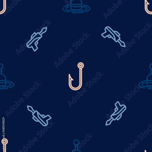 Set line Fishing float in water, harpoon and hook on seamless pattern. Vector
