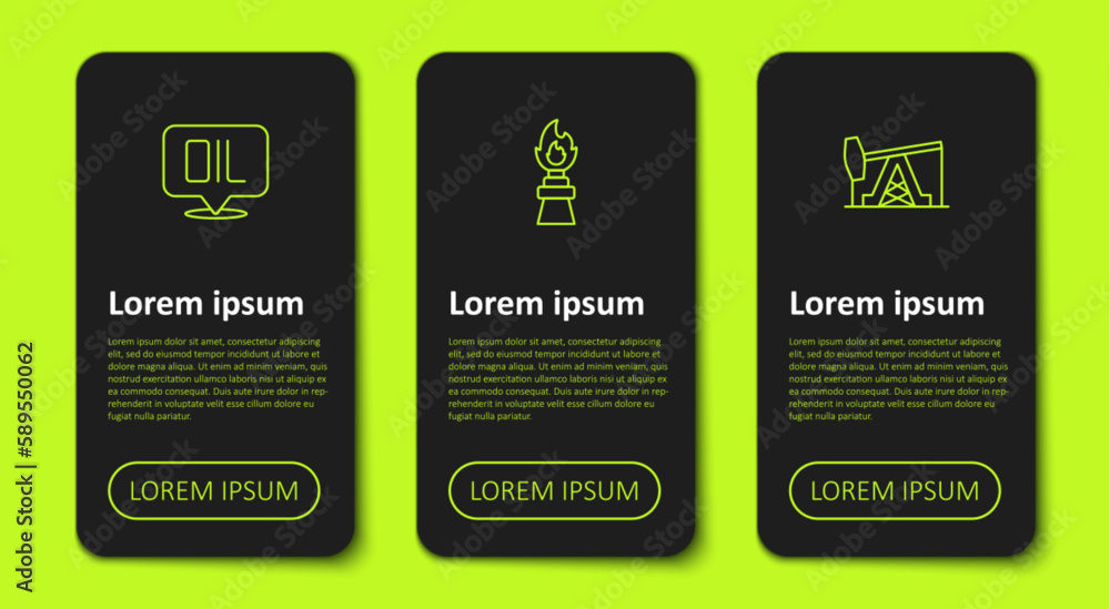 Set line Word oil, Oil rig with fire and pump pump jack. Business infographic template. Vector