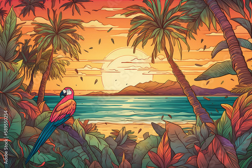Beach with palm trees and birds made using generative AI