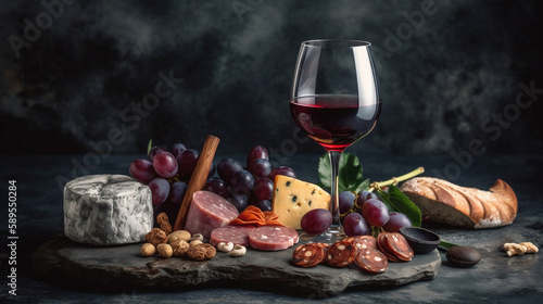 Red wine with charcuterie assortment on the stone background. Generative AI.
