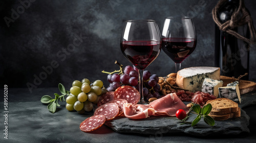 Red wine with charcuterie assortment on the stone background. Generative AI.