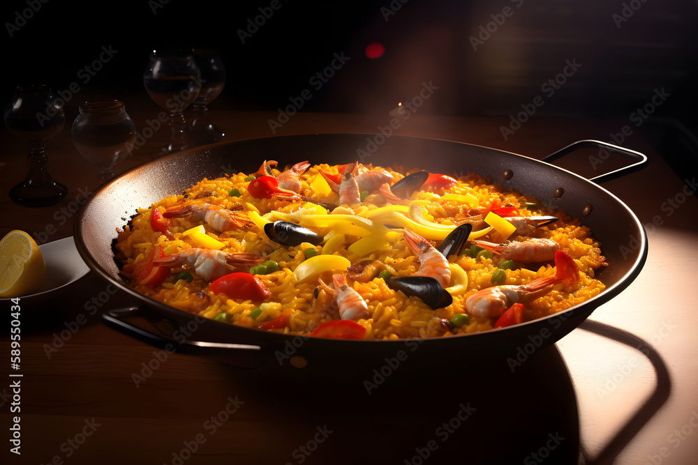 Colorful Seafood Paella Dish with Shellfish, ai generative