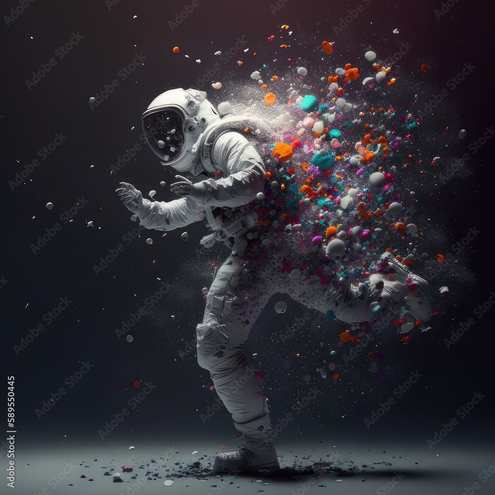 Fototapeta premium Astronaut in space, abstract forms, paint splashes