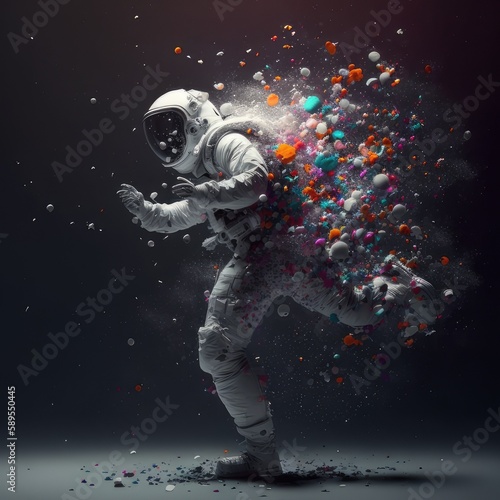 Astronaut in space, abstract forms, paint splashes