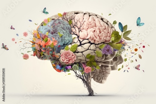 Human brain with tree, flowers and butterflies, abstract 