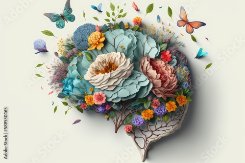 Human brain with tree, flowers and butterflies