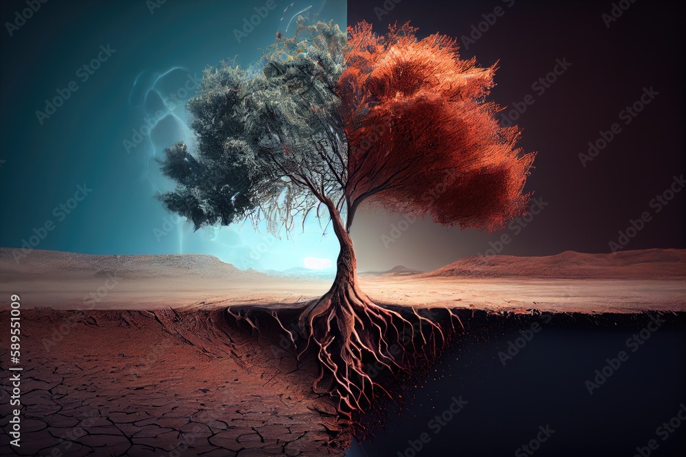 Symbolic Representation of Environmental Impact: A Single Tree Amidst Climate Change - obrazy, fototapety, plakaty 