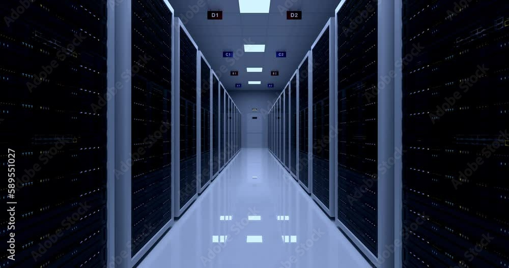 Modern AI Server Room Environment. Computer Racks All Around