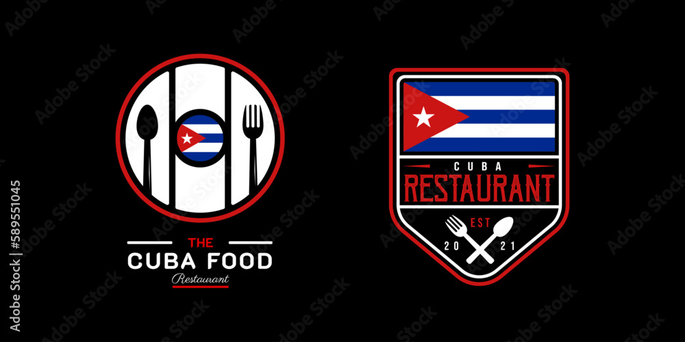 Cuba Food Restaurant Logo. Cuba flag symbol with Spoon, Fork, and Knife icons. On blue, white, and red colors. Premium and Luxury vector illustration Cuba Food Restaurant Logo. Cuba flag symbol with Spoon, Fork, and Knife icons. On blue, white, and red colors. Premium and Luxury vector illustration