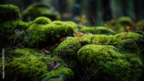 Green moss and rough stones in the dense forest. Based on Generative AI