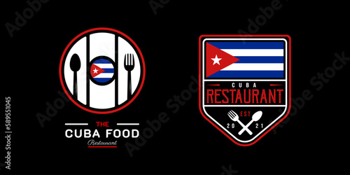 Cuba Food Restaurant Logo. Cuba flag symbol with Spoon, Fork, and Knife icons. On blue, white, and red colors. Premium and Luxury vector illustration