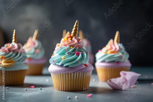 cute unicorn theme birthday party cupcakes. Generative ai