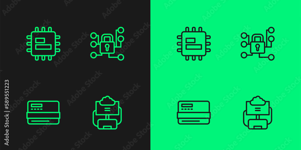 Set line Cloud database, Credit card, Processor CPU and Cyber security icon. Vector Set line Cloud database, Credit card, Processor CPU and Cyber security icon. Vector
