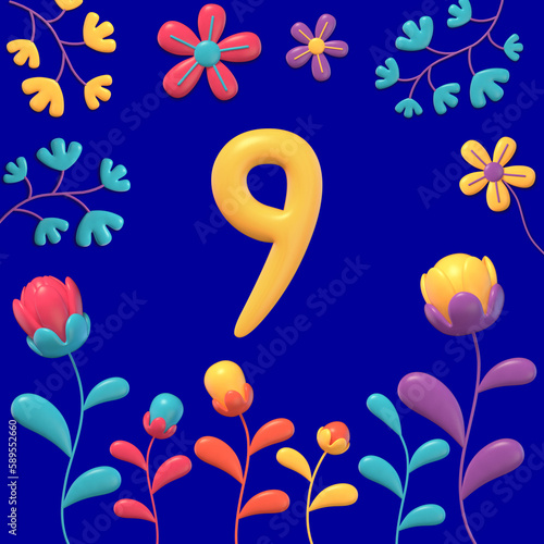 set of yellow 3d numbers an symbols on multicolored background with flowers and plants, 3d rendering, nine