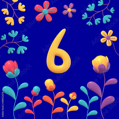 set of yellow 3d numbers an symbols on multicolored background with flowers and plants, 3d rendering, six