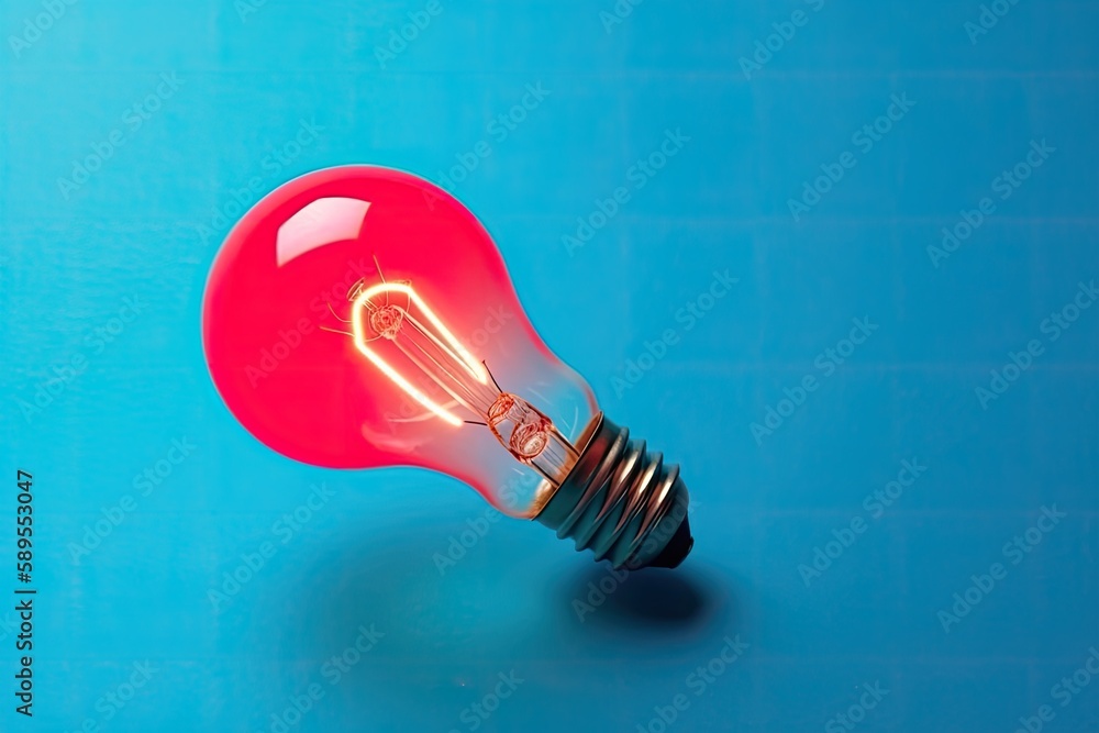 Imagination and new ideas, red light bulb on a blue background. Generative ai. Imagination and new ideas, red light bulb on a blue background. Generative ai.