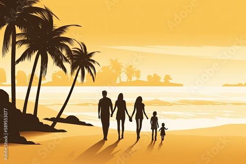 Silhouette of a happy family on the beach at sunset. Generative ai.