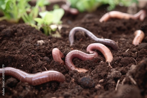 Close-up, worms in the ground. Generative ai. © Iryna