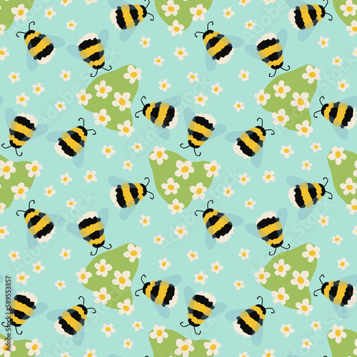 Photos Seamless bumble bee pattern, Cute busy bees with daisy print,  Cartoon bumblebee