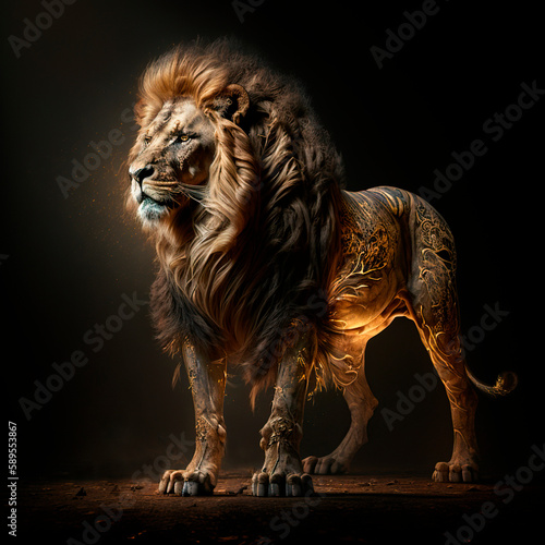 Magical Lion lights around it like fire or dust, Generative AI © Mark