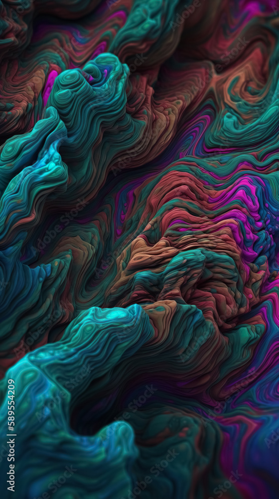 Close up 3d render of abstract psyhedelic colorful background texture with shallow dof.