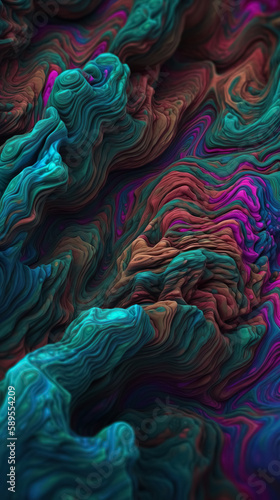 Close up 3d render of abstract psyhedelic colorful background texture with shallow dof.