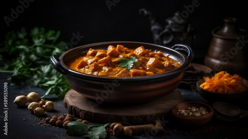 Traditional curry on dark background. Generative AI.